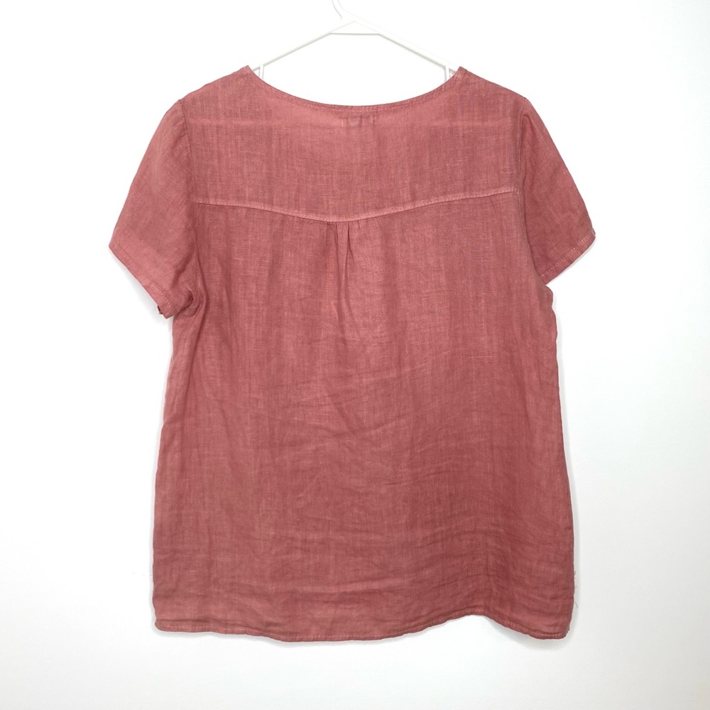 Lina Tomei Linen Floral Embroidered Trim Short Sleeve Pullover Blouse Dusty Rose - Picture 8 of 8